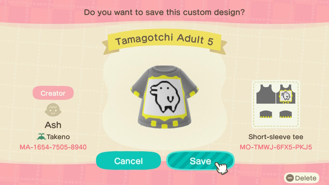 Animal Crossing Design Code: MO-TMWJ-6FX5-PKJ5 Tamagotchi Adult 5