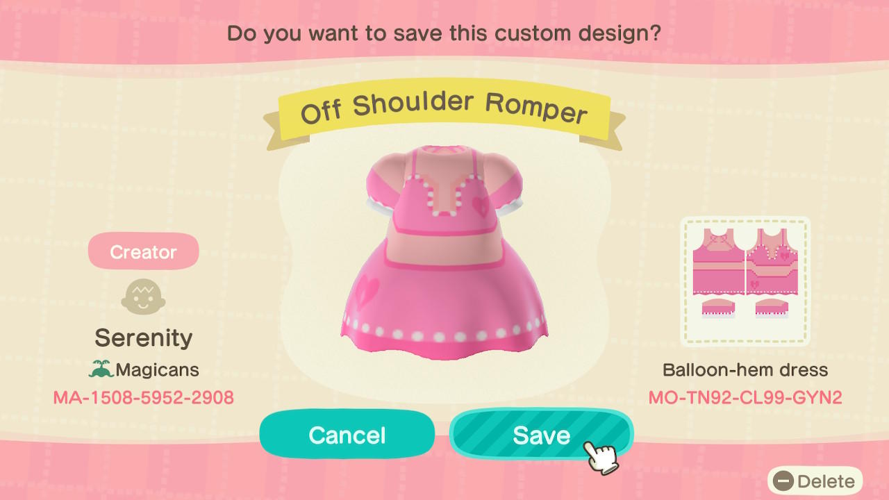 Animal Crossing Design Code: MO-TN92-CL99-GYN2 Off Shoulder Romper