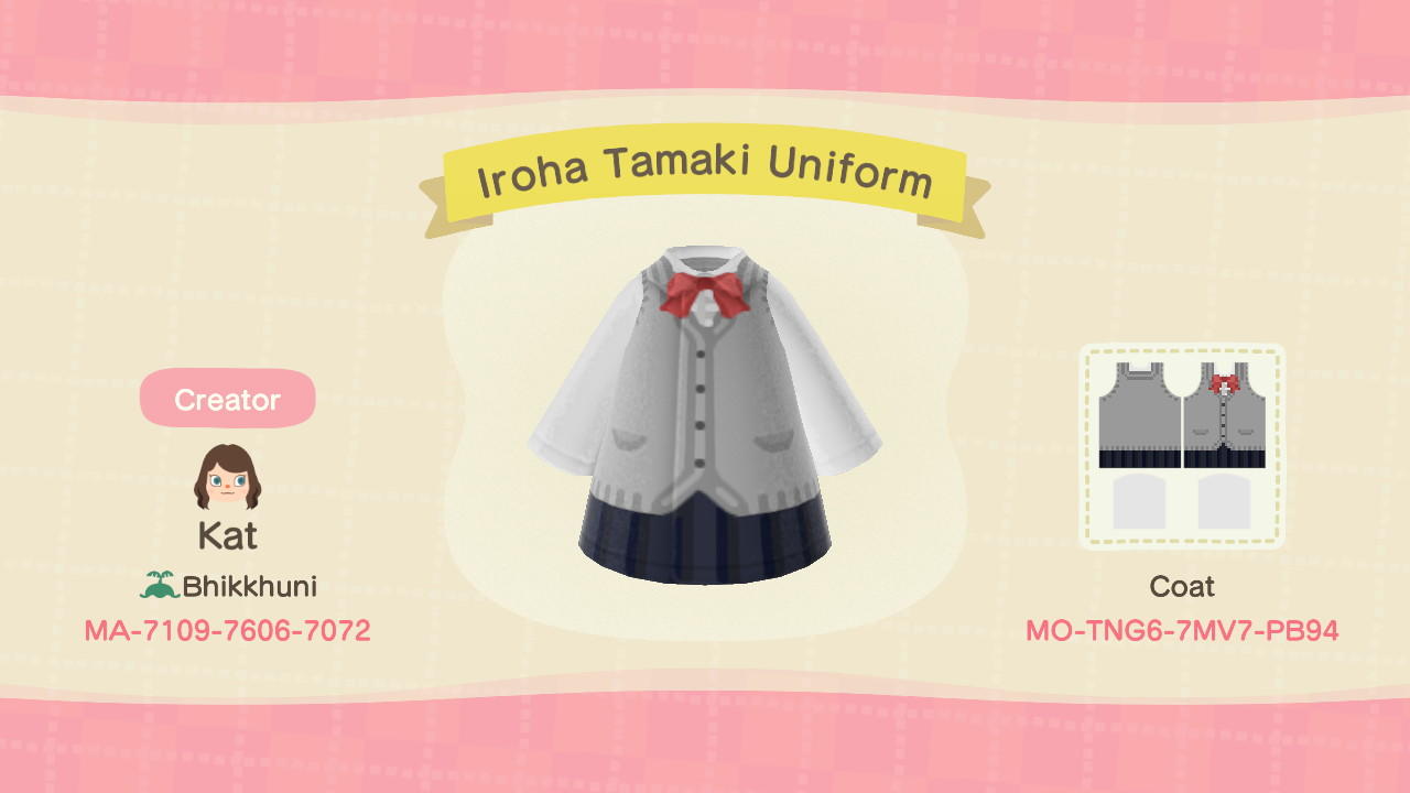 Animal Crossing Design Code: MO-TNG6-7MV7-PB94 Iroha Tamaki Uniform