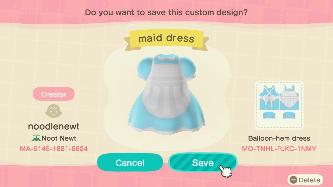 Animal Crossing Design Code: MO-TNHL-PJKC-1NMY Maid Dress