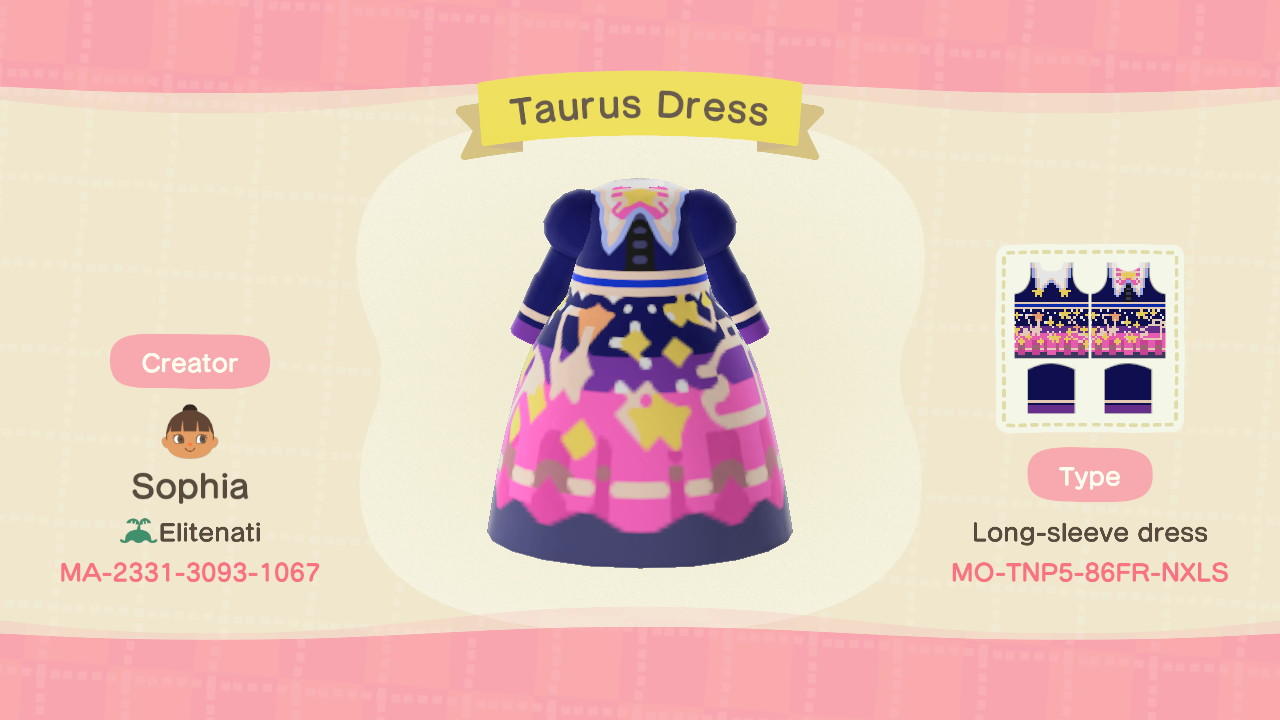 Animal Crossing Design Code: MO-TNP5-86FR-NXLS Taurus Dress