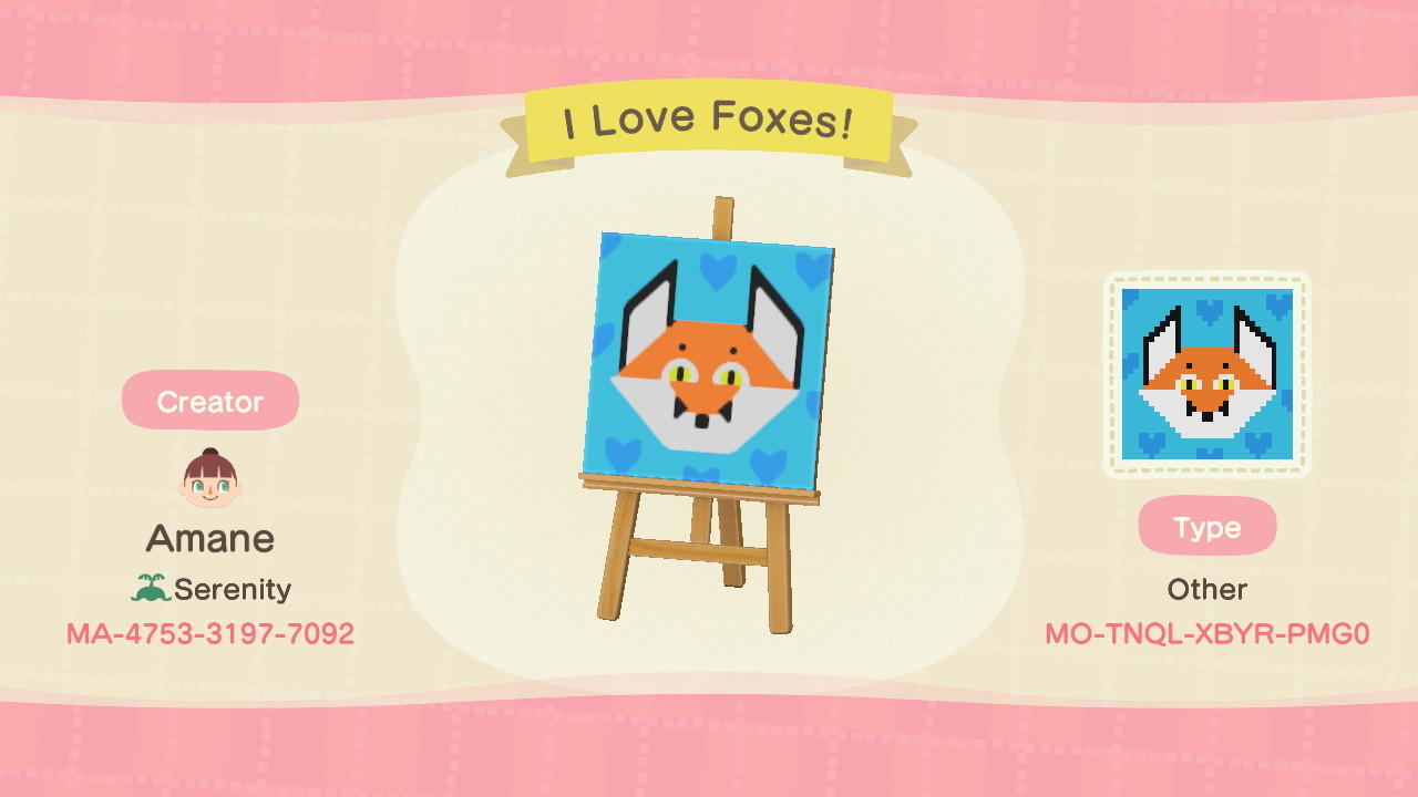 Animal Crossing Design Code: MO-TNQL-XBYR-PMG0 I Love Foxes!
