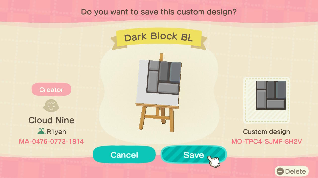 Animal Crossing Design Code: MO-TPC4-SJMF-8H2V Dark Block BL