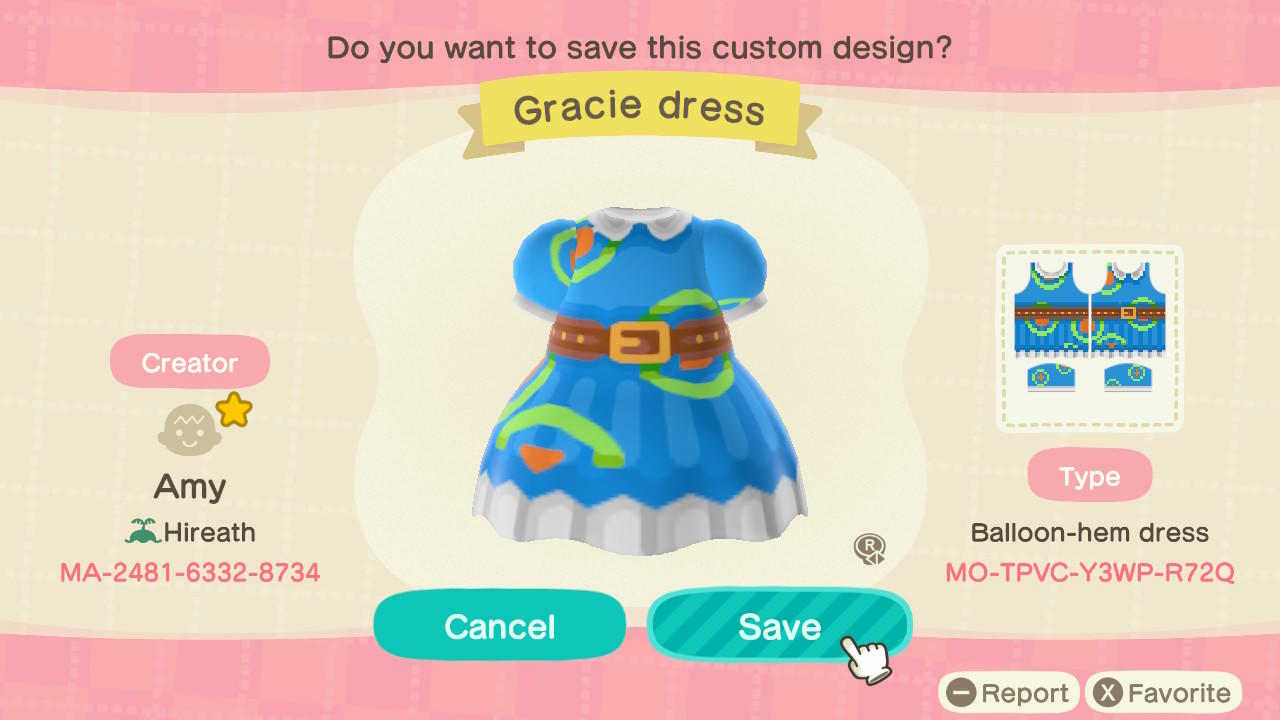 Animal Crossing Design Code: MO-TPVC-Y3WP-R72Q Gracie Dress