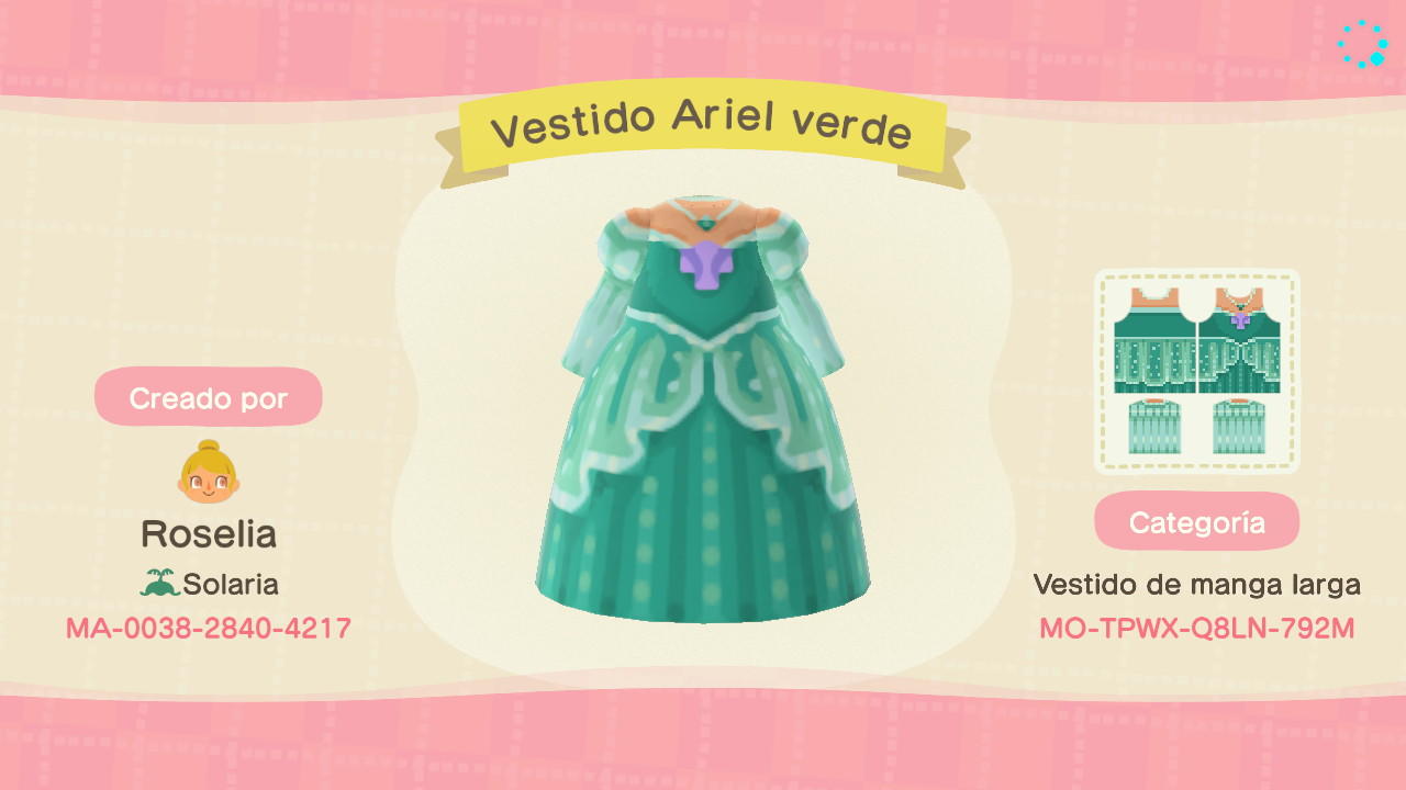 Animal Crossing Design Code: MO-TPWX-Q8LN-792M Vestido Ariel verde