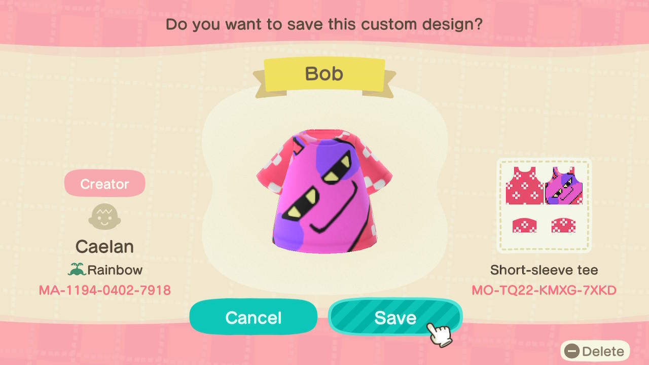 Animal Crossing Design Code: MO-TQ22-KMXG-7XKD Bob