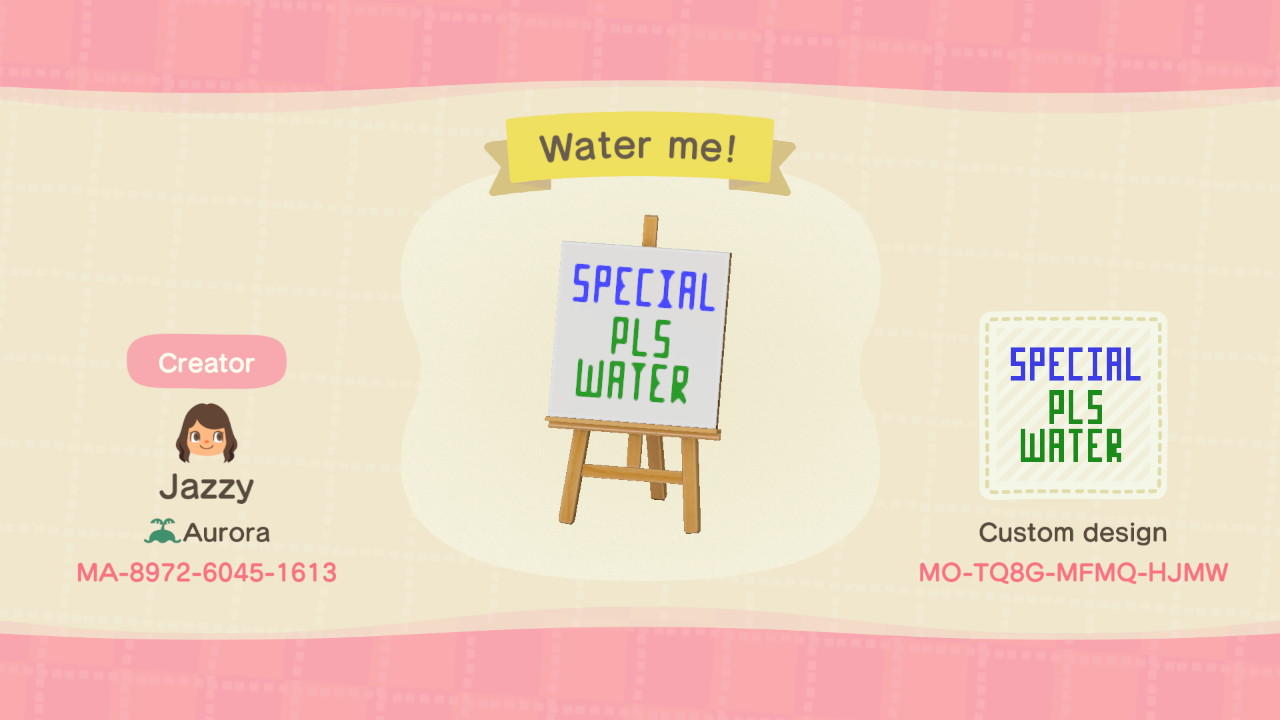 Animal Crossing Design Code: MO-TQ8G-MFMQ-HJMW Water Me!