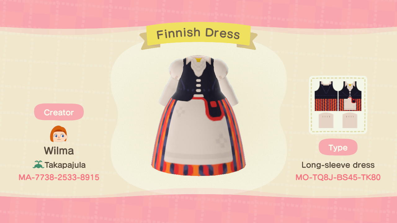 Animal Crossing Design Code: MO-TQ8J-BX45-TK80 Finnish Dress