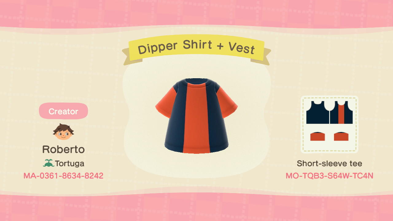 Animal Crossing Design Code: MO-TQB3-S64W-TC4N Dipper Shirt + Vest