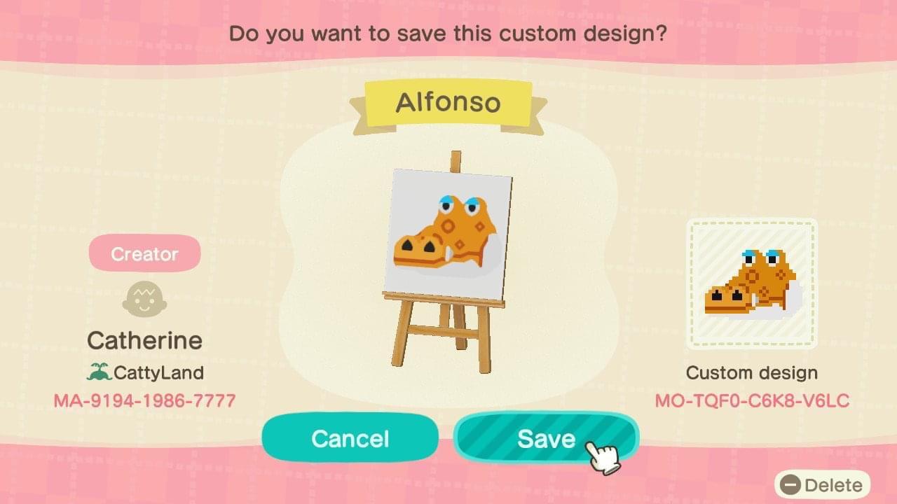 Animal Crossing Design Code: MO-TQF0-C6K8-V6LC Alfonso
