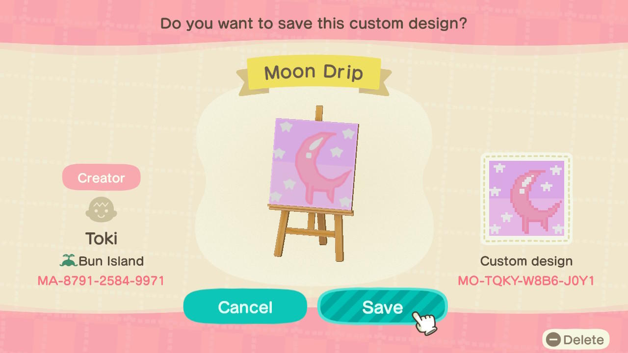 Animal Crossing Design Code: MO-TQKY-W8B6-J0Y1 Moon Drip