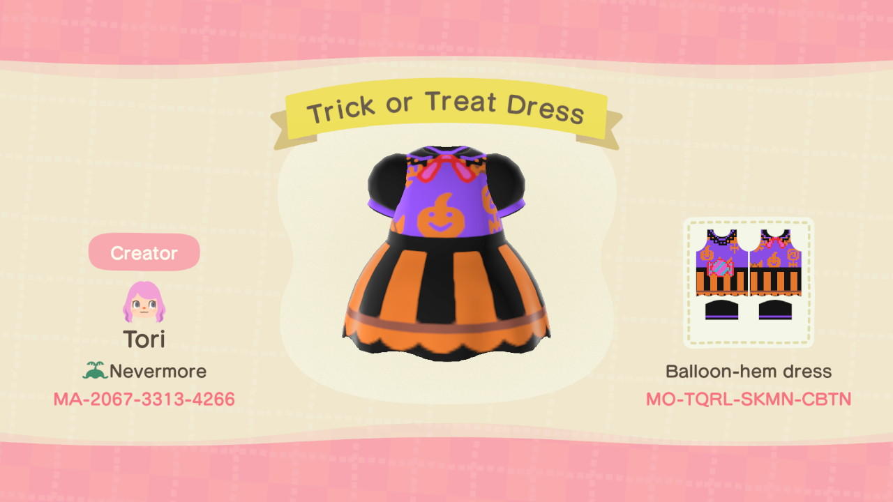 Animal Crossing Design Code: MO-TQRL-SKMN-CBTN Trick or Treat Dress