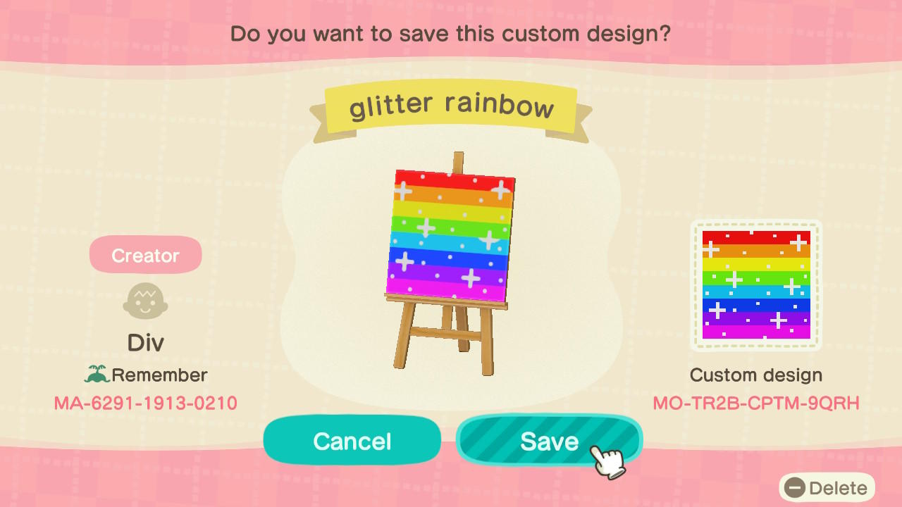 Animal Crossing Design Code: MO-TR2B-CPTM-9QRH glitter rainbow
