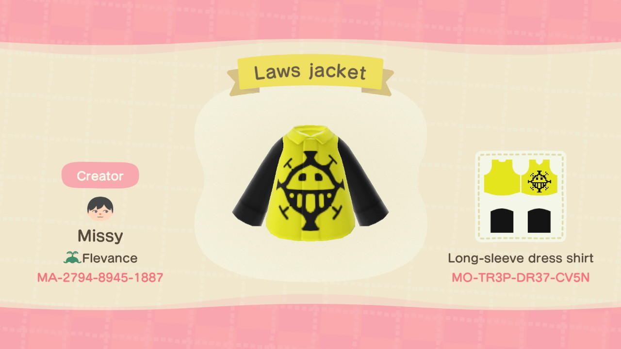 Animal Crossing Design Code: MO-TR3P-DR37-CV5N Laws jacket