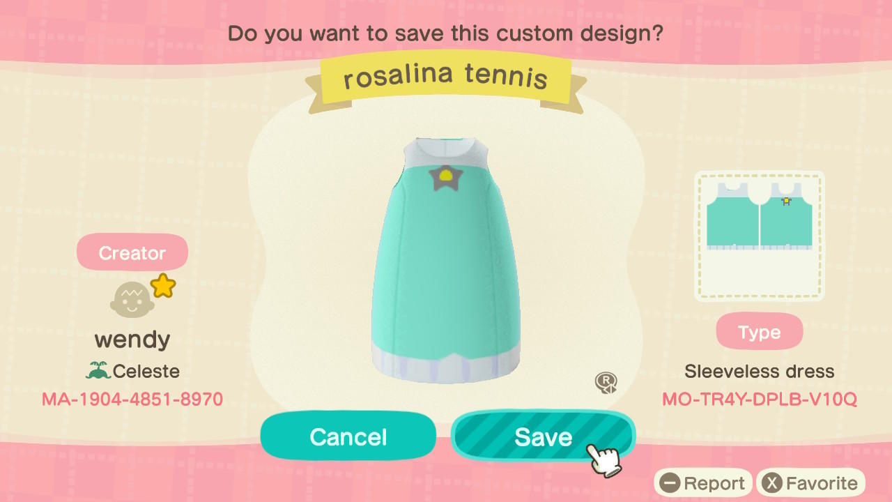 Animal Crossing Design Code: MO-TR4Y-DPLB-V10Q Rosalina Tennis