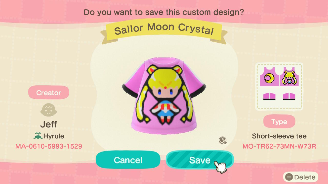 Animal Crossing Design Code: MO-TR62-73MN-W73R Sailor Moon Crystal