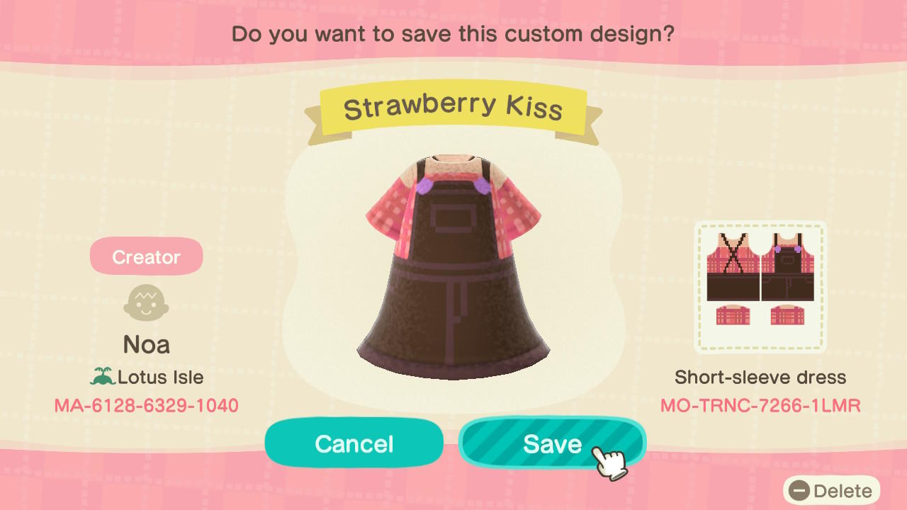 Animal Crossing Design Code: MO-TRNC-7266-1LMR Strawberry Kiss