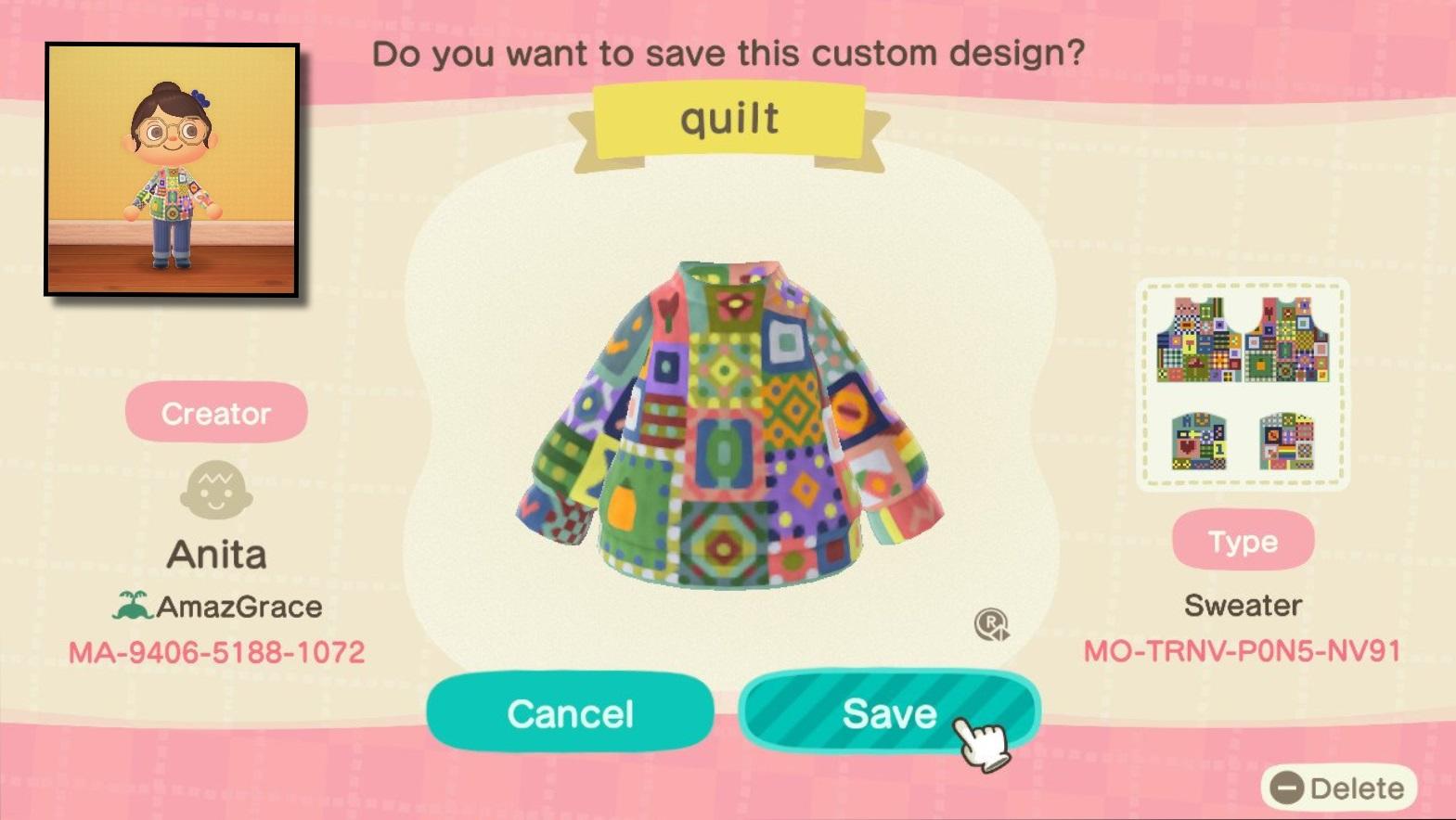 Animal Crossing Design Code: MO-TRNV-P0N5-NV91 Quilt sweater