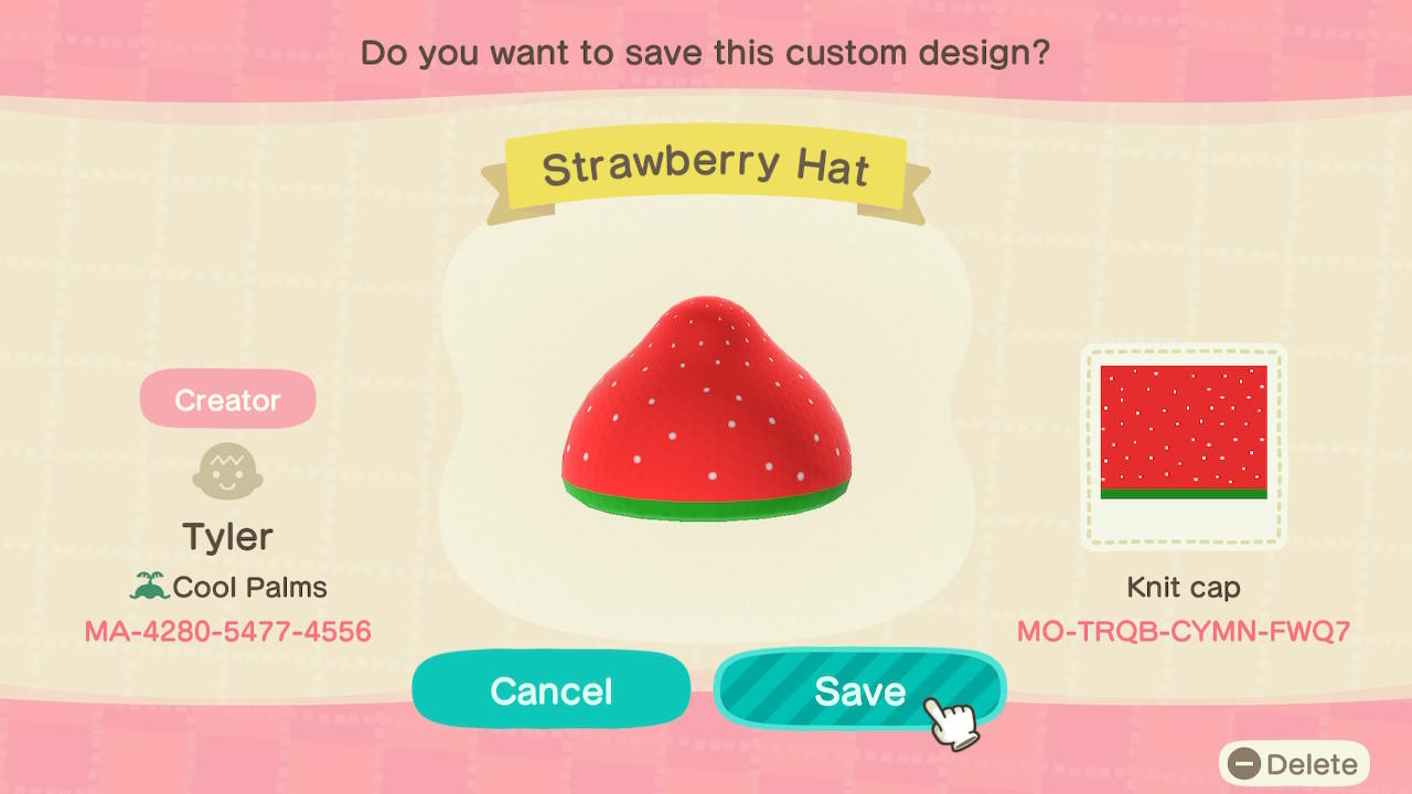 Animal Crossing Design Code: MO-TRQB-CYMN-FWQ7 Strawberry Hat