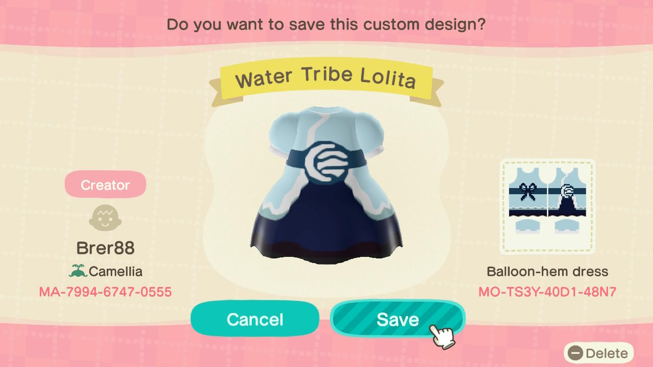 Animal Crossing Design Code: MO-TS3Y-40D1-48N7 Water Tribe Lolita
