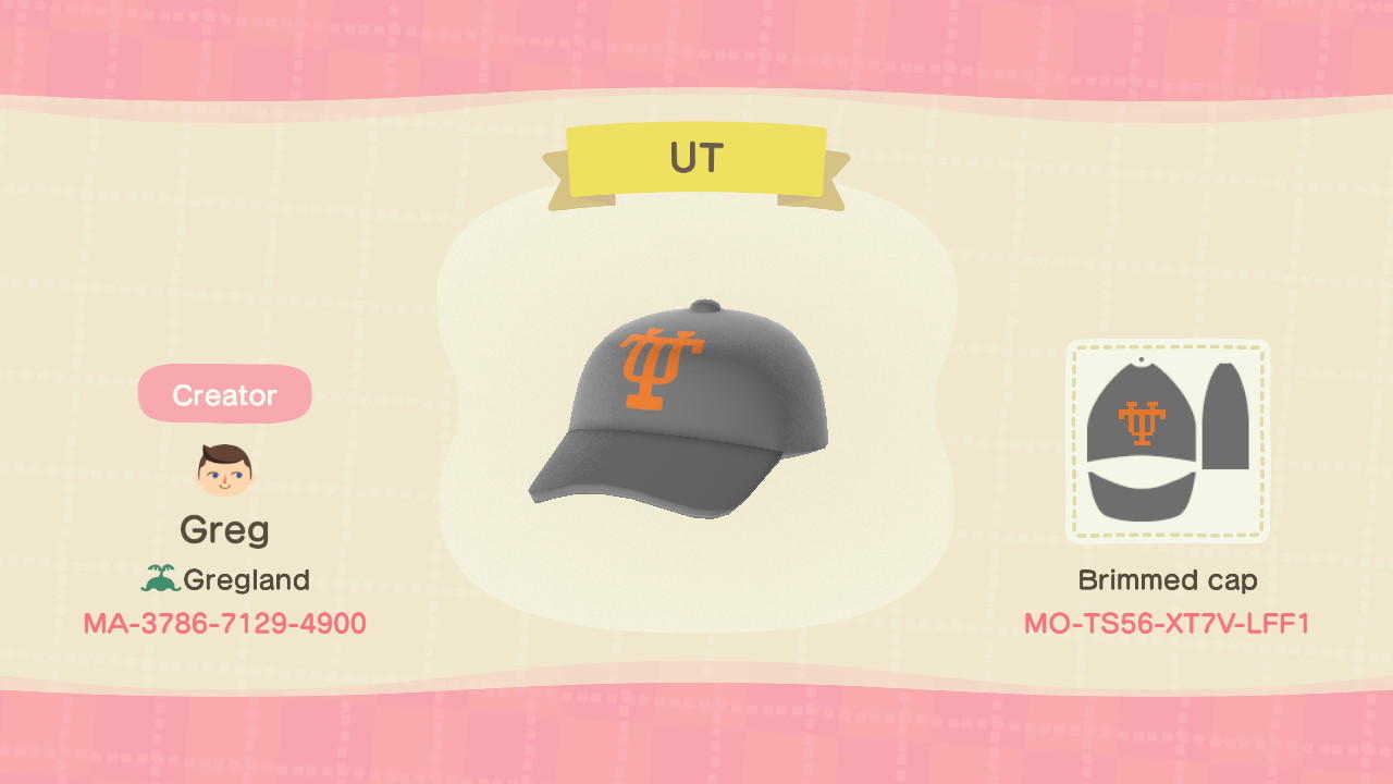 Animal Crossing Design Code: MO-TS56-XT7V-LFF1 Tennessee UT Hat