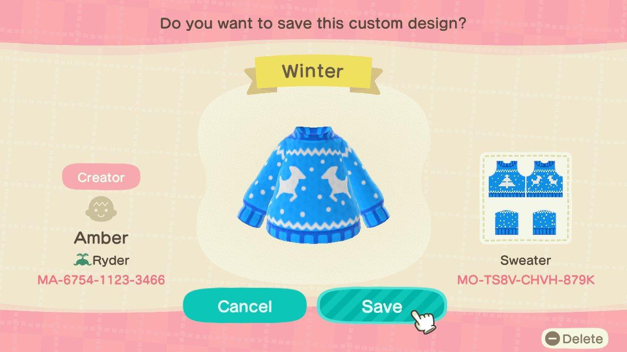 Animal Crossing Design Code: MO-TS8V-CHVH-879K Winter Blue Sweater