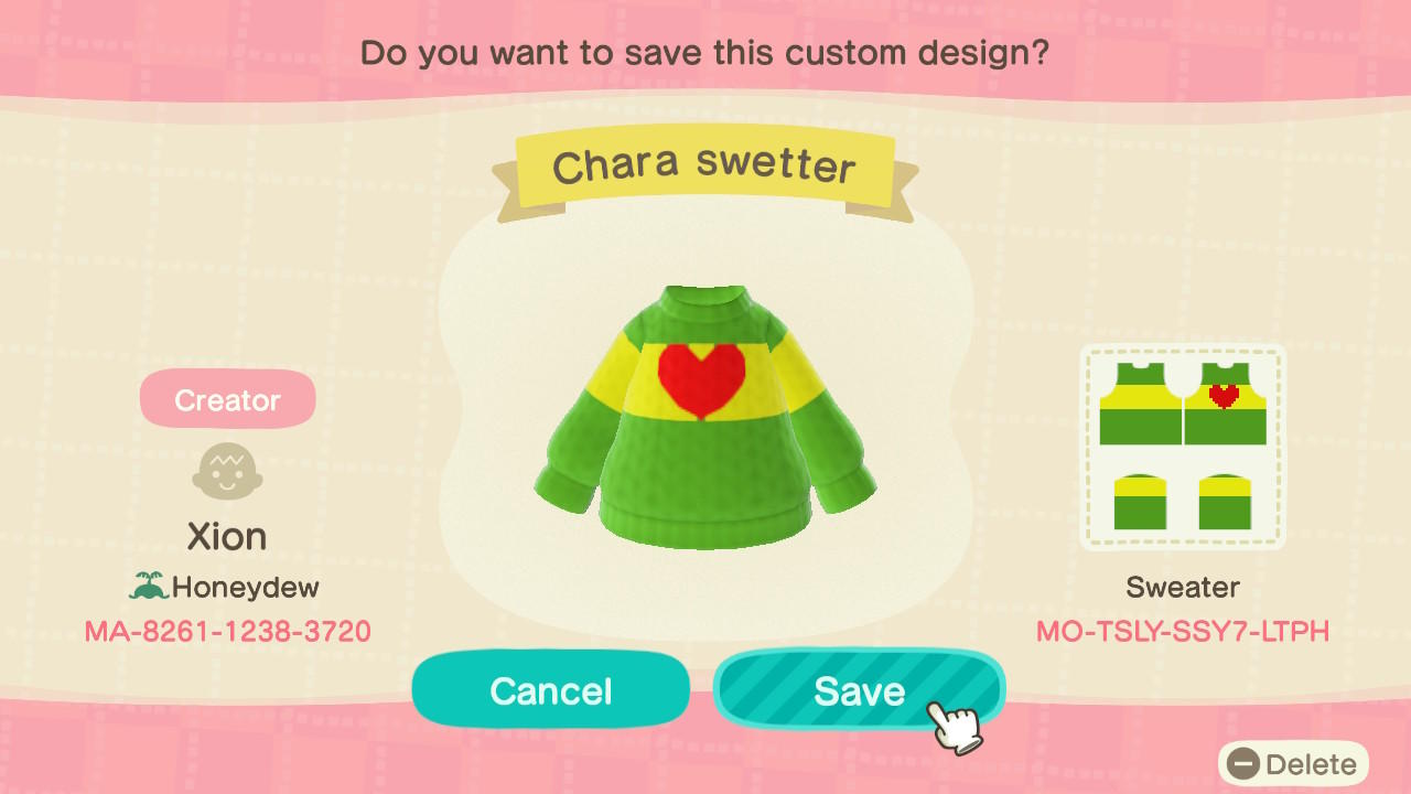 Animal Crossing Design Code: MO-TSLY-SSY7-LTPH Chara Swetter