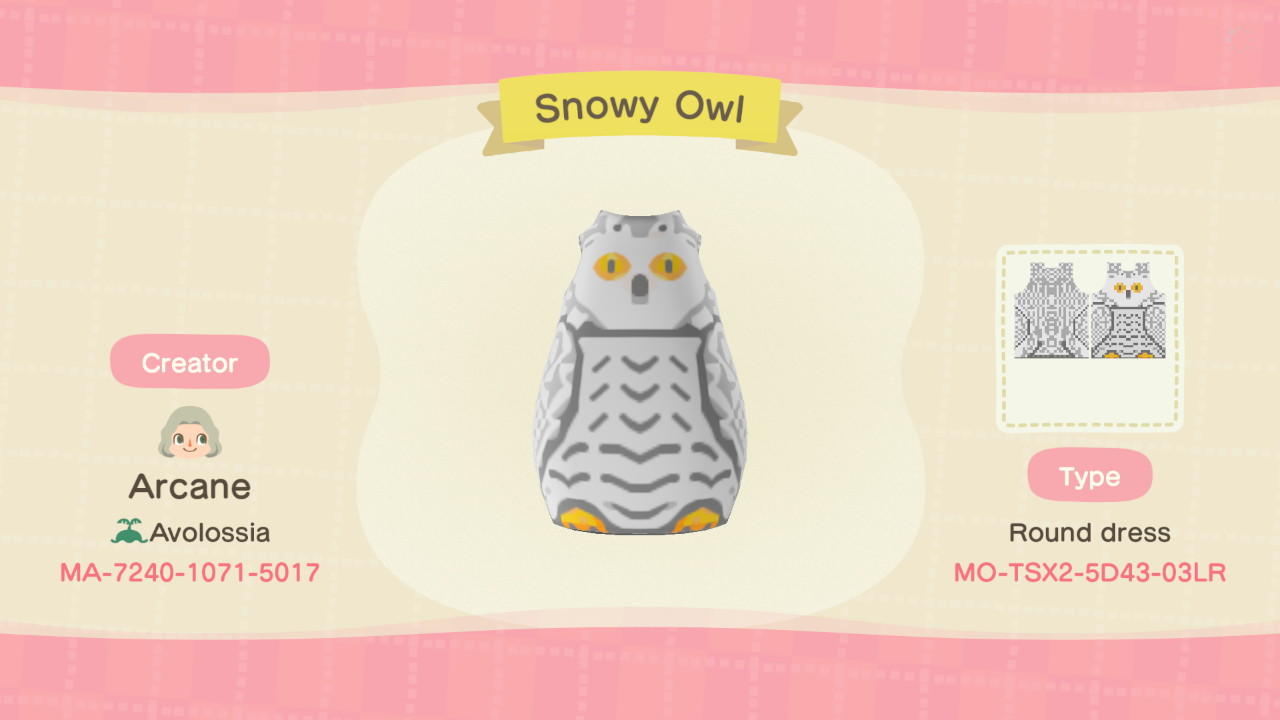 Animal Crossing Design Code: MO-TSX2-5D43-03LR Snowy Owl