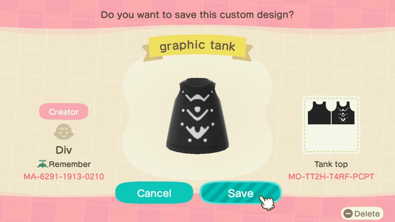 Animal Crossing Design Code: MO-TT2H-T4RF-PCPT black graphic tank