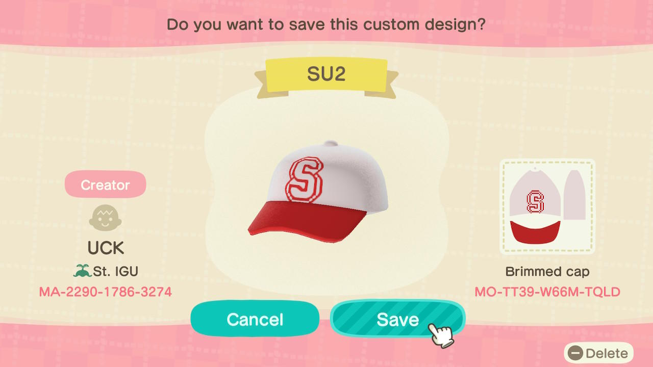 Animal Crossing Design Code: MO-TT39-W66M-TQLD SU cap