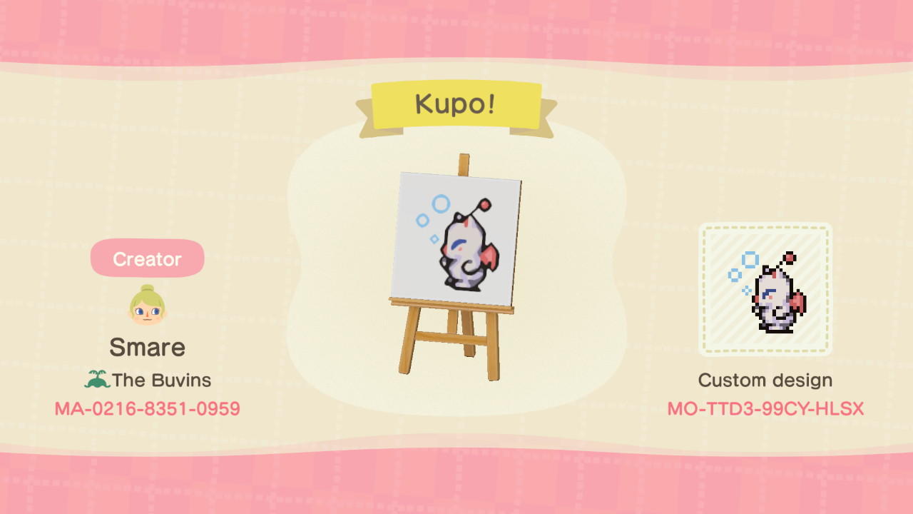Animal Crossing Design Code: MO-TTD3-99CY-HLSX Kupo!