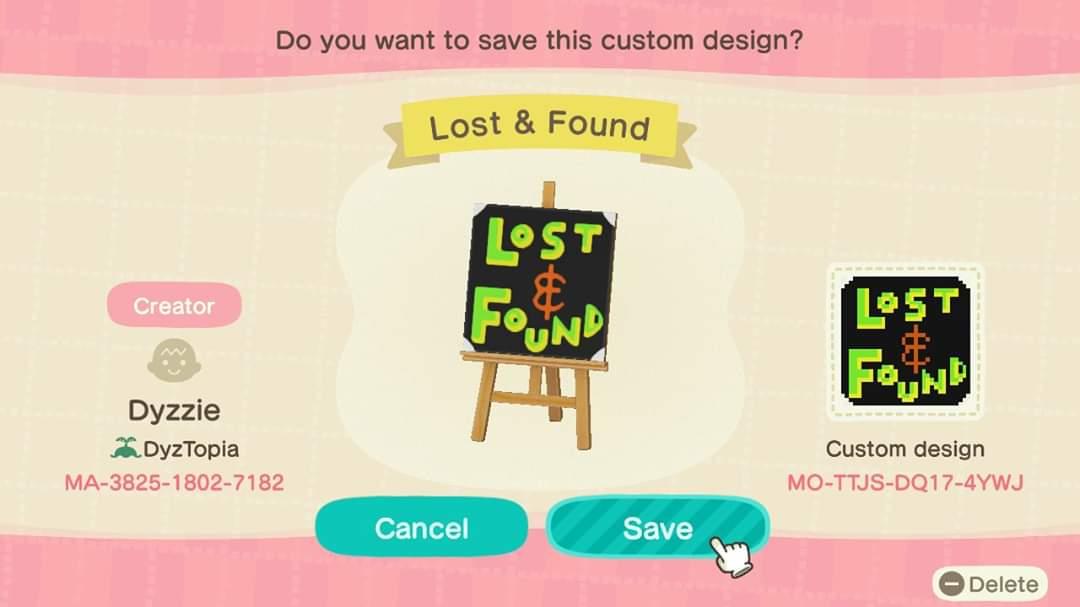 Animal Crossing Design Code: MO-TTJS-DQ17-4YWJ Lost & Found