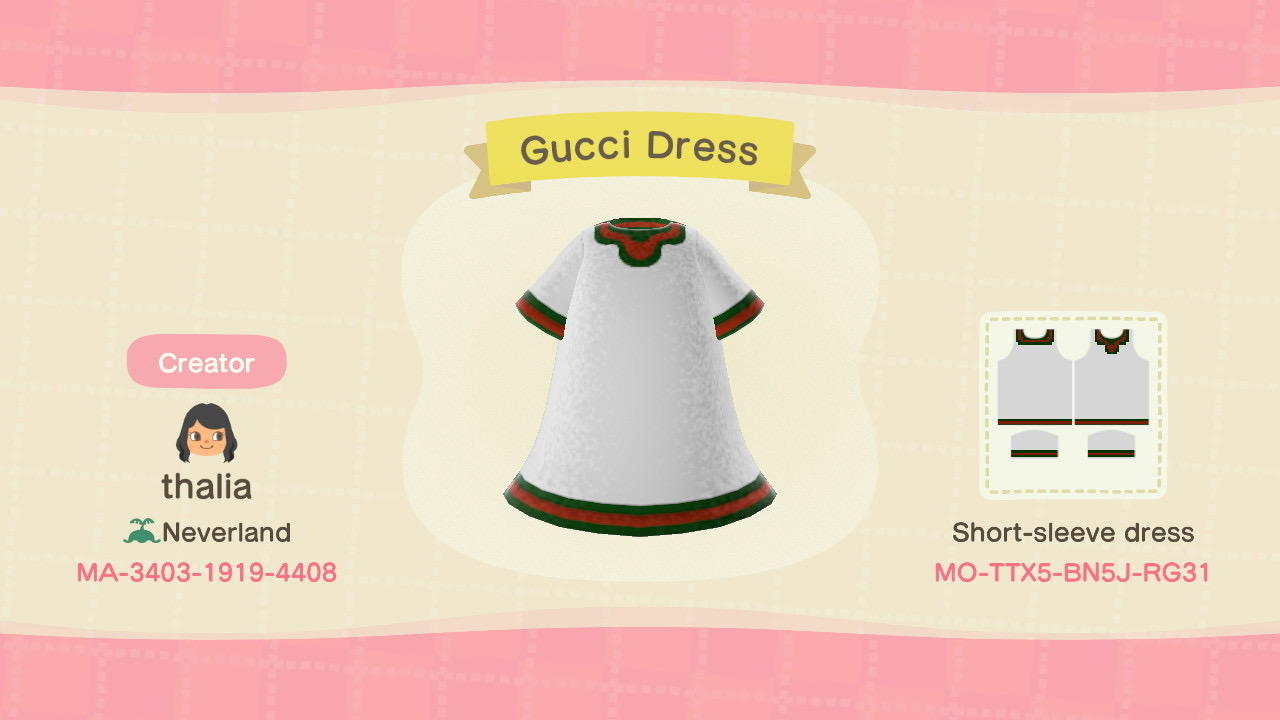Animal Crossing Design Code: MO-TTX5-BN5J-RG31 Gucci Dress