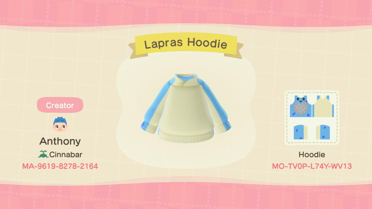 Animal Crossing Design Code: MO-TV0P-L74Y-WV13 Lapras Hoodie