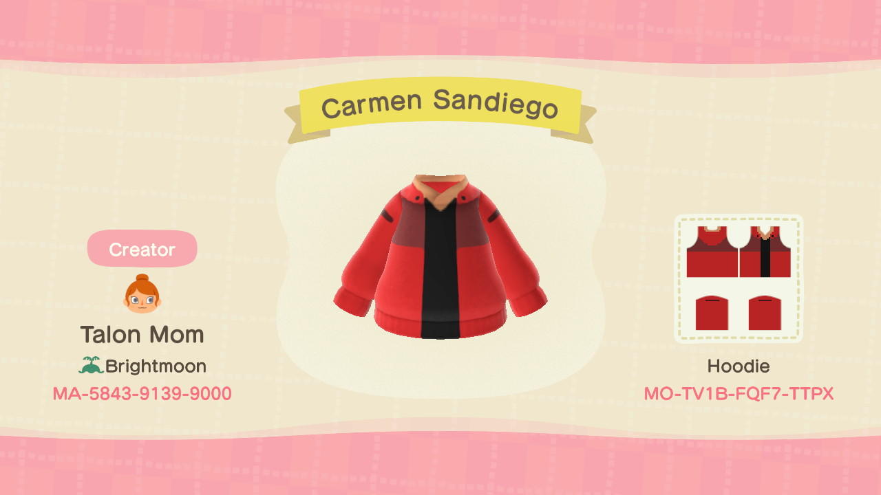 Animal Crossing Design Code: MO-TV1B-FQF7-TTPX Carmen Sandeigo