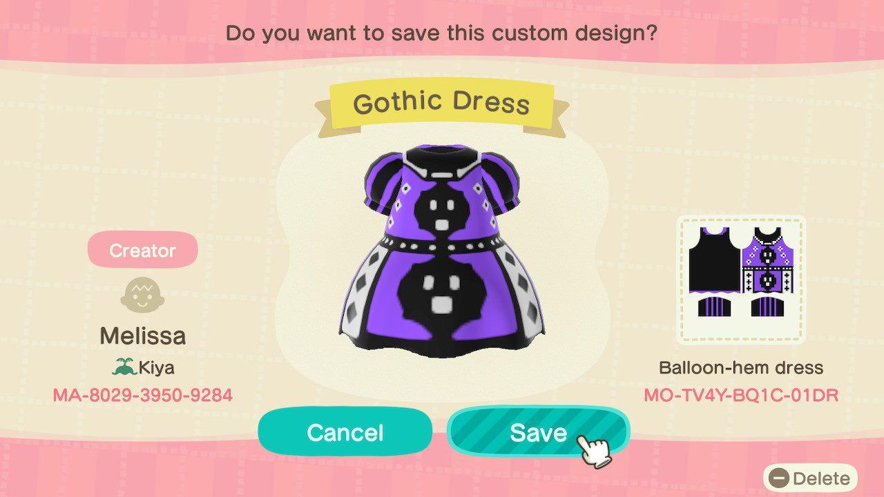 Animal Crossing Design Code: MO-TV4Y-BQ1C-01DR Gothic Dress