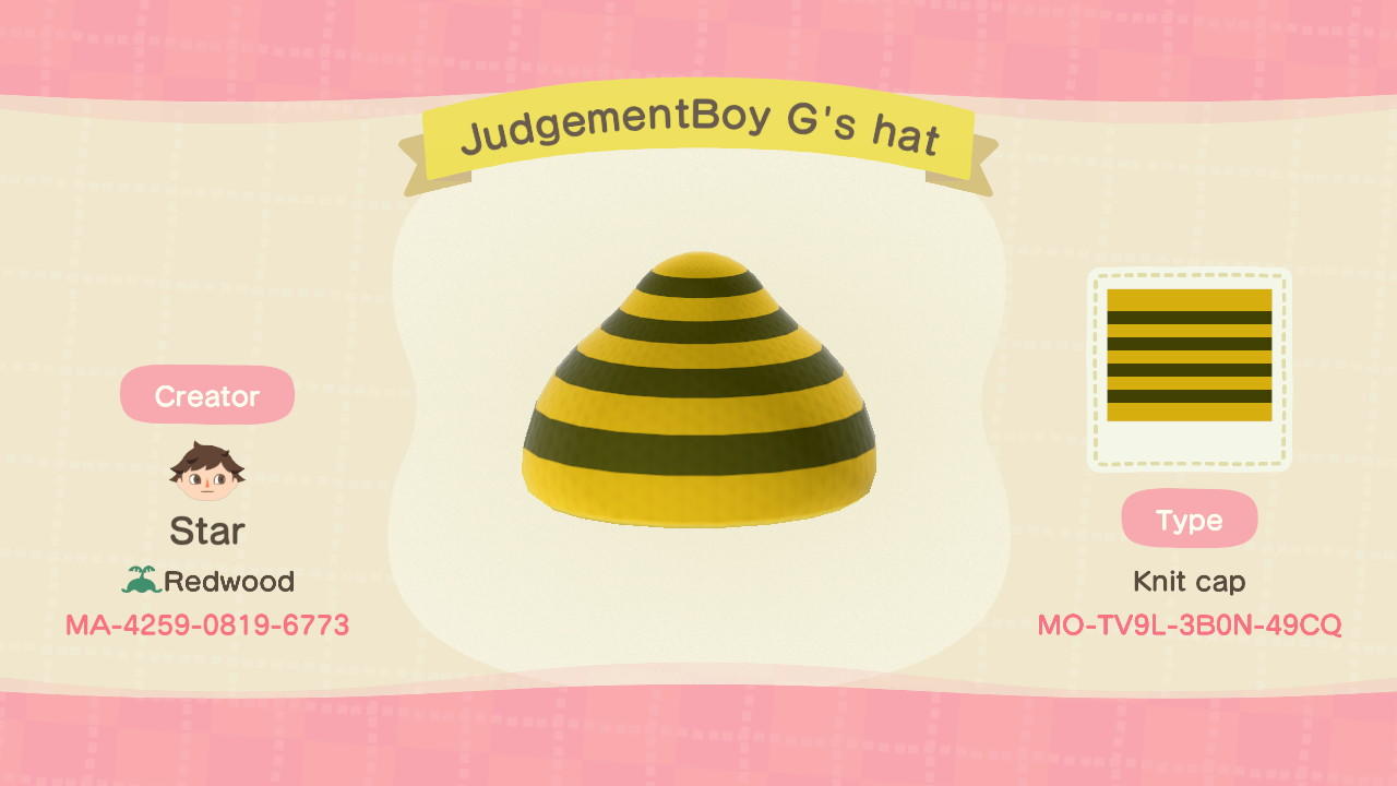 Animal Crossing Design Code: MO-TV9L-3B0N-49CQ JudgementBoy G's hat