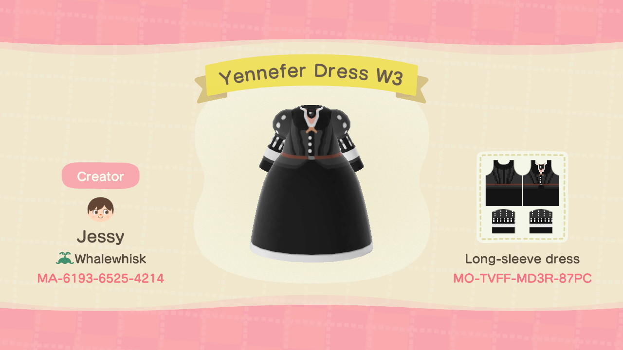 Animal Crossing Design Code: MO-TVFF-MD3R-87PC Yennefer Dress W3