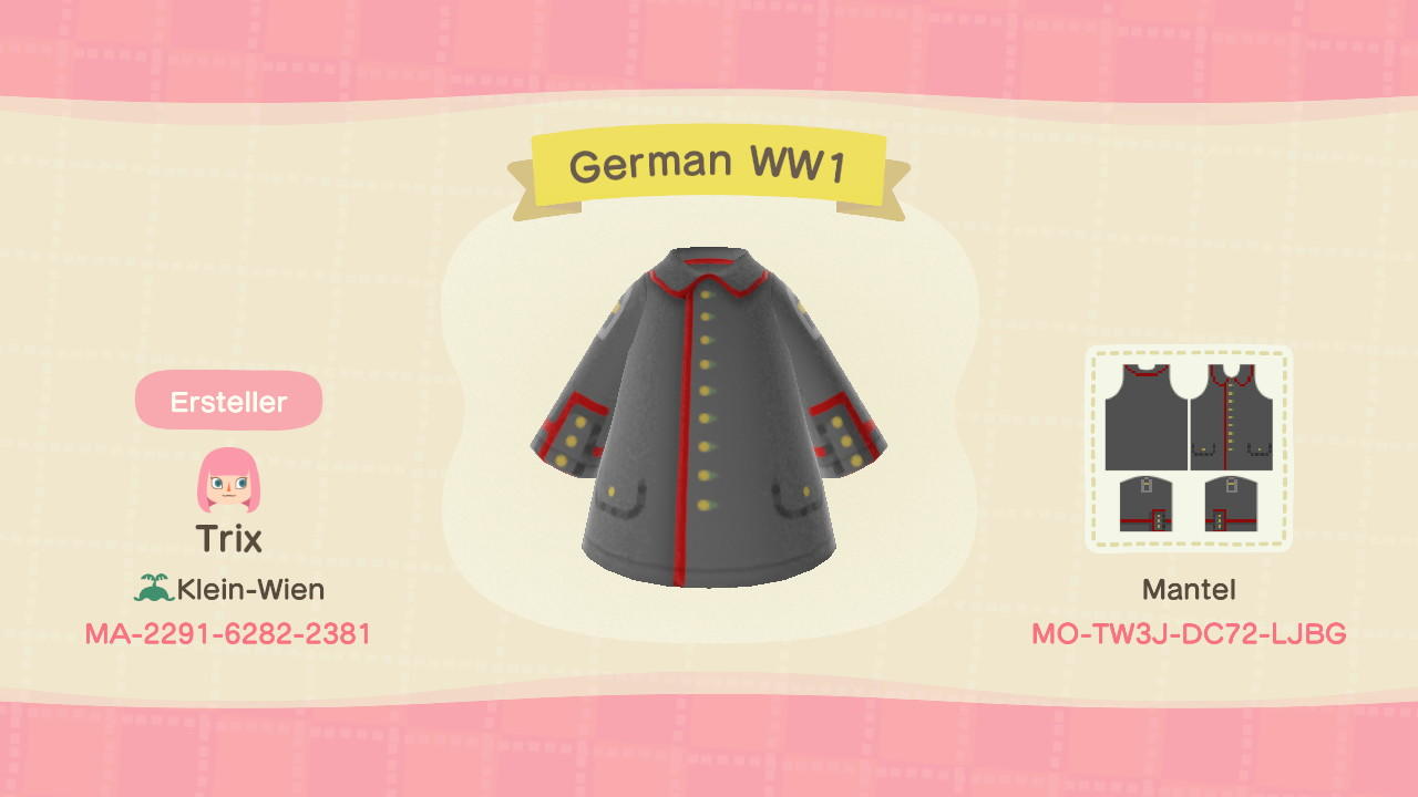 Animal Crossing Design Code: MO-TW3J-DC72-LJBG German WW1 Coat