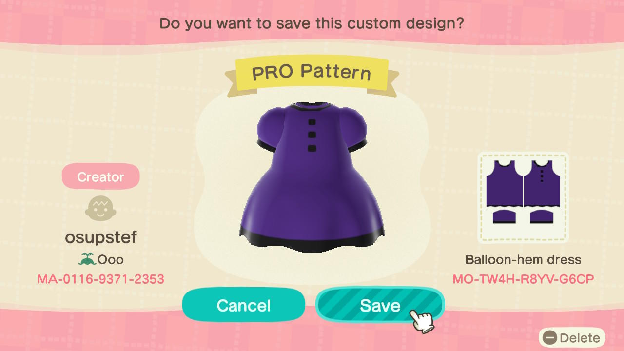Animal Crossing Design Code: MO-TW4H-R8YV-G6CP Purple Button Dress