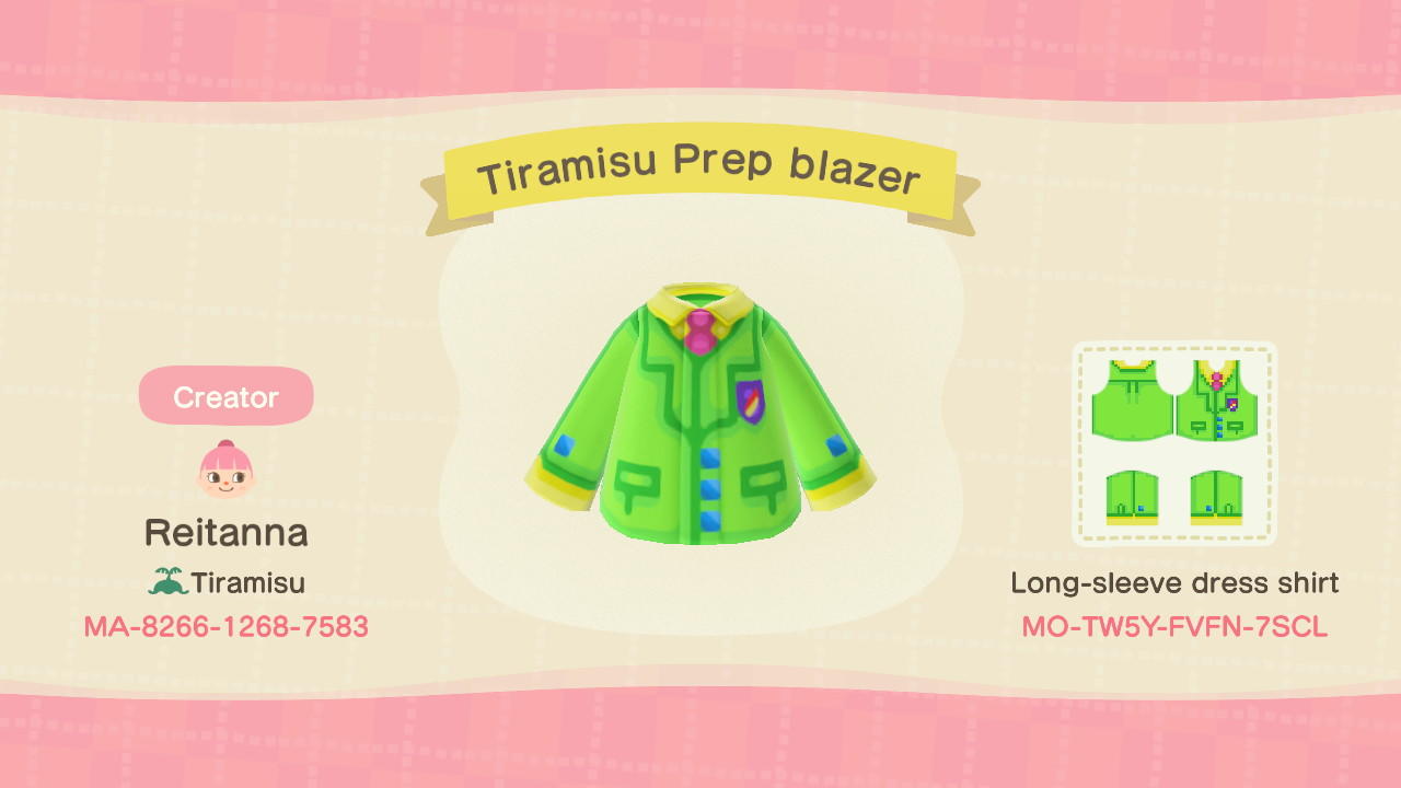 Animal Crossing Design Code: MO-TW5Y-FVFN-7SCL Tiramisu Prep blazer