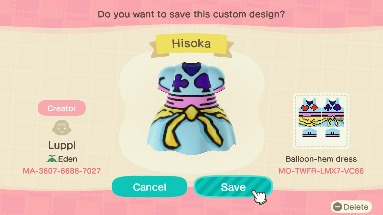 Animal Crossing Design Code: MO-TWFR-LMX7-VC66 Hisoka Dress