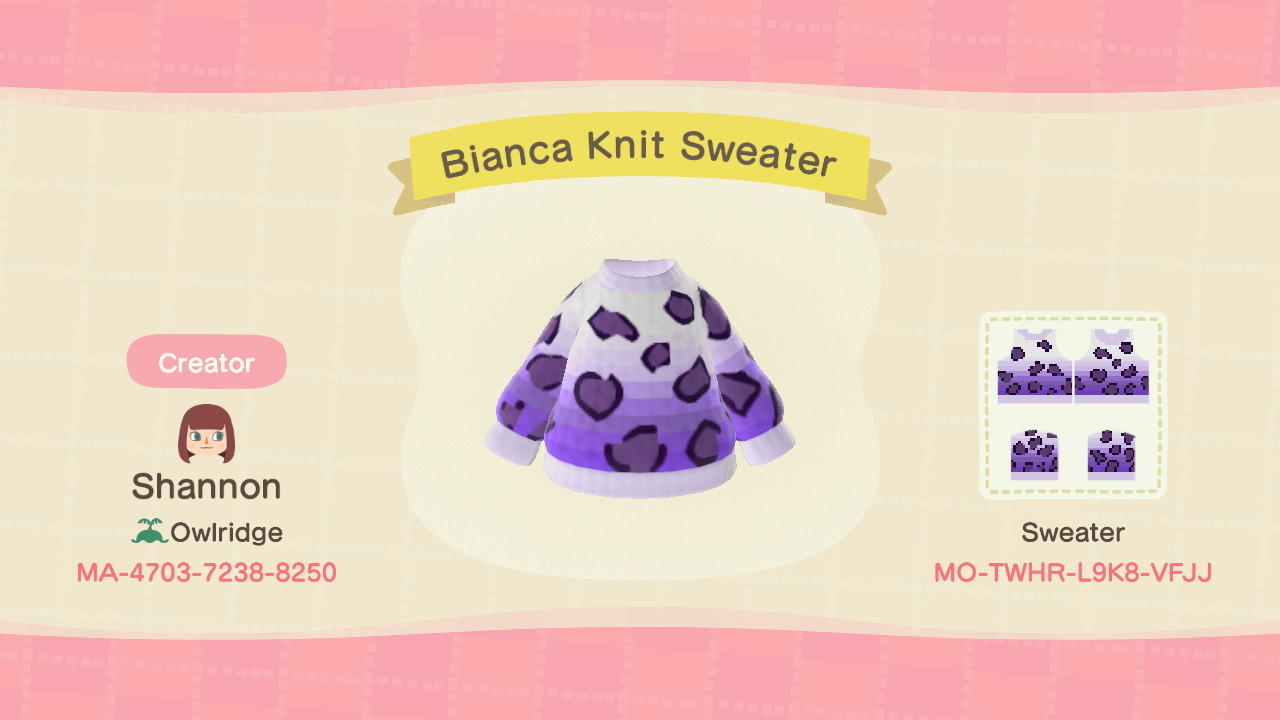 Animal Crossing Design Code: MO-TWHR-L9K8-VFJJ Bianca Knit Sweater