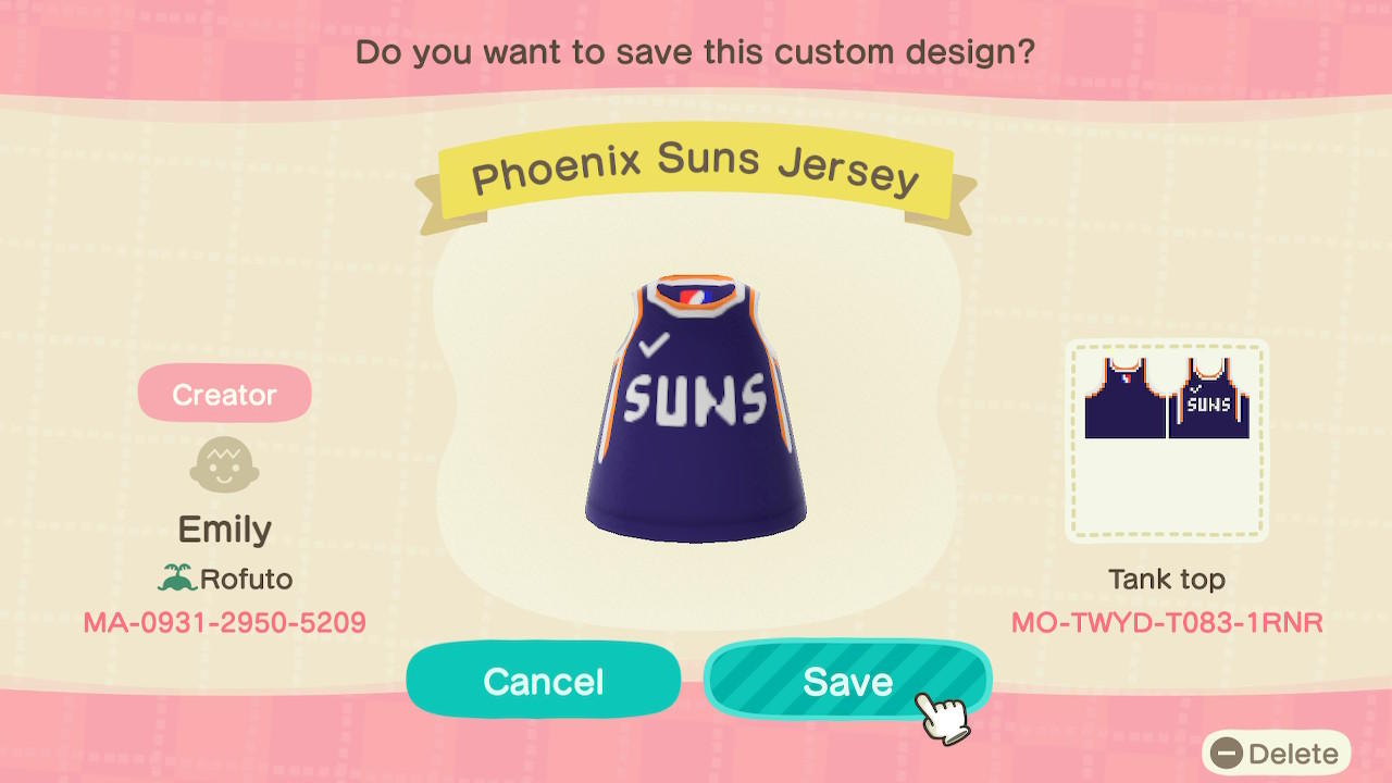 Animal Crossing Design Code: MO-TWYD-T083-1RNR Phoenix Suns Jersey