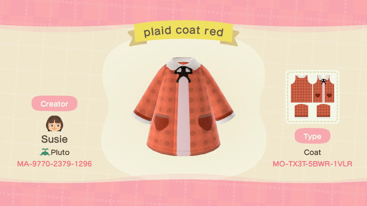 Animal Crossing Design Code: MO-TX3T-5BWR-1VLR plaid coat red