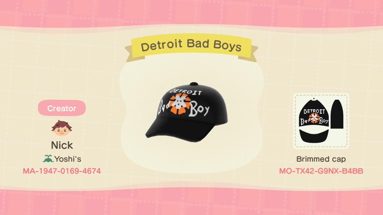 Animal Crossing Design Code: MO-TX42-G9NX-B4BB Detroit Bad Boys Hat