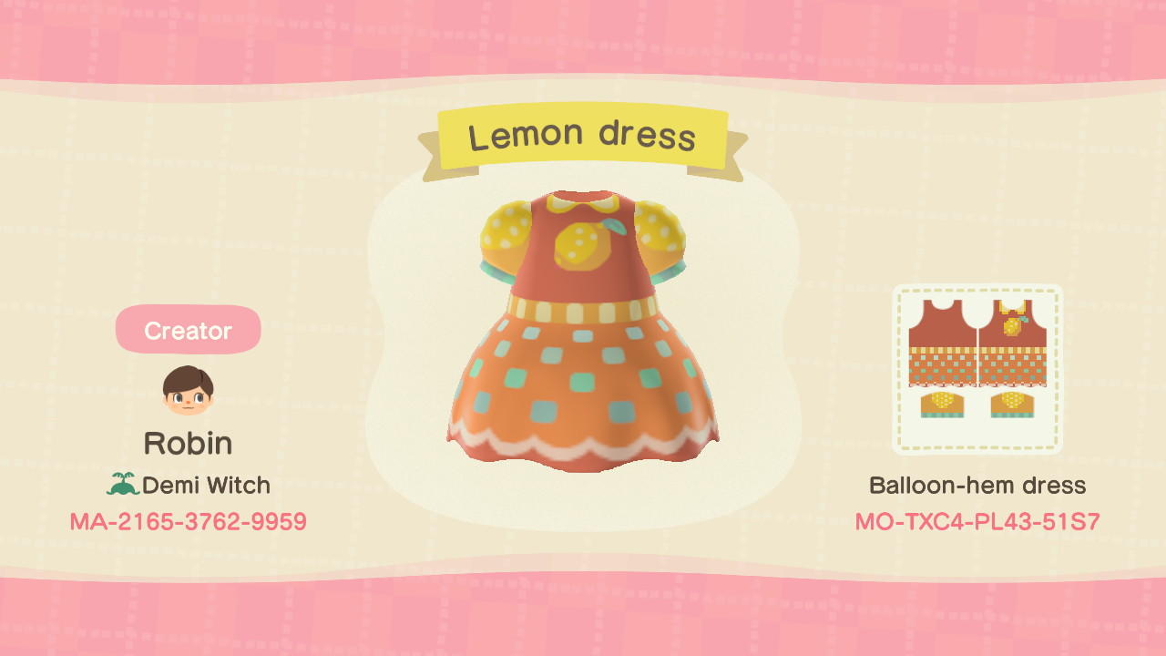 Animal Crossing Design Code: MO-TXC4-PL43-51S7 Lemon dress