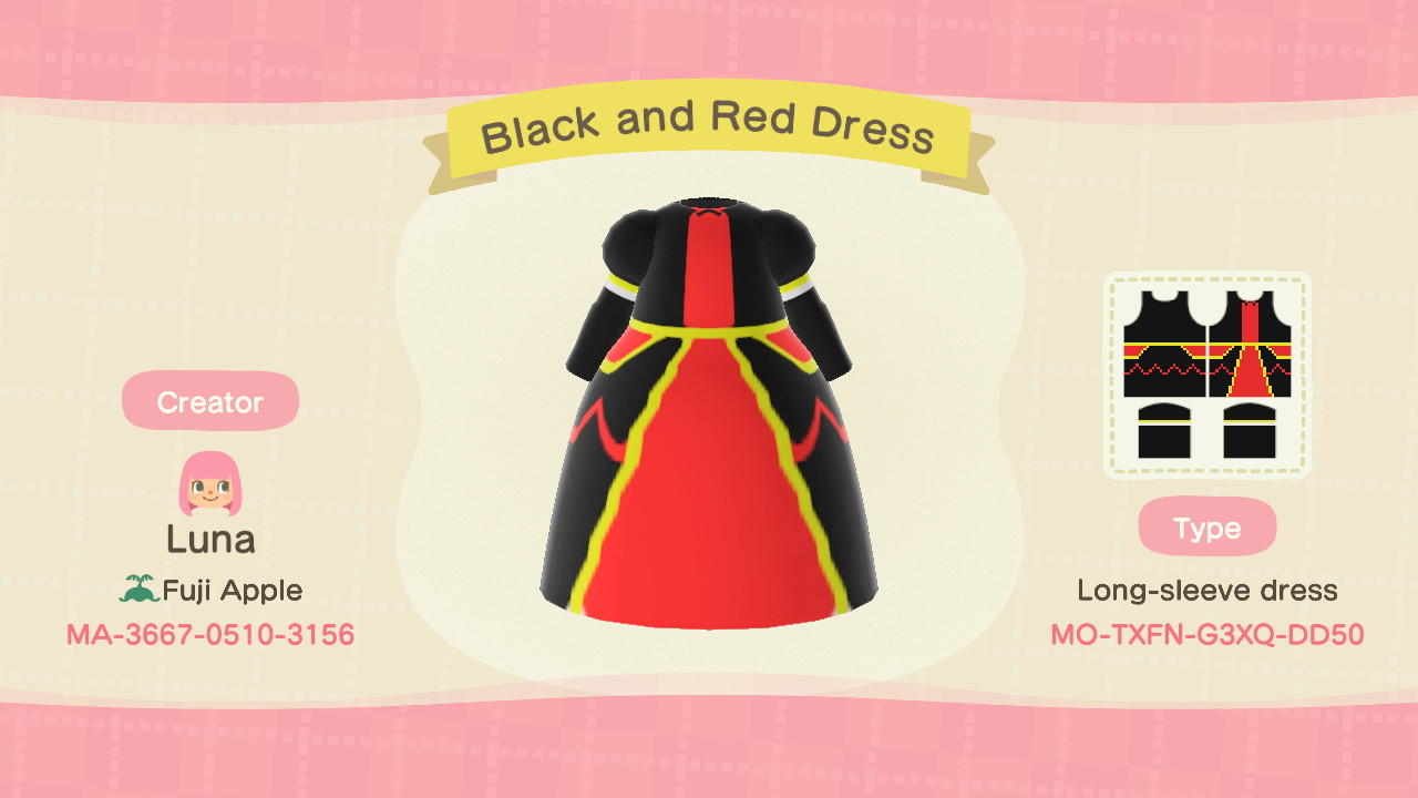 Animal Crossing Design Code: MO-TXFN-G3XQ-DD50 Black and Red Dress