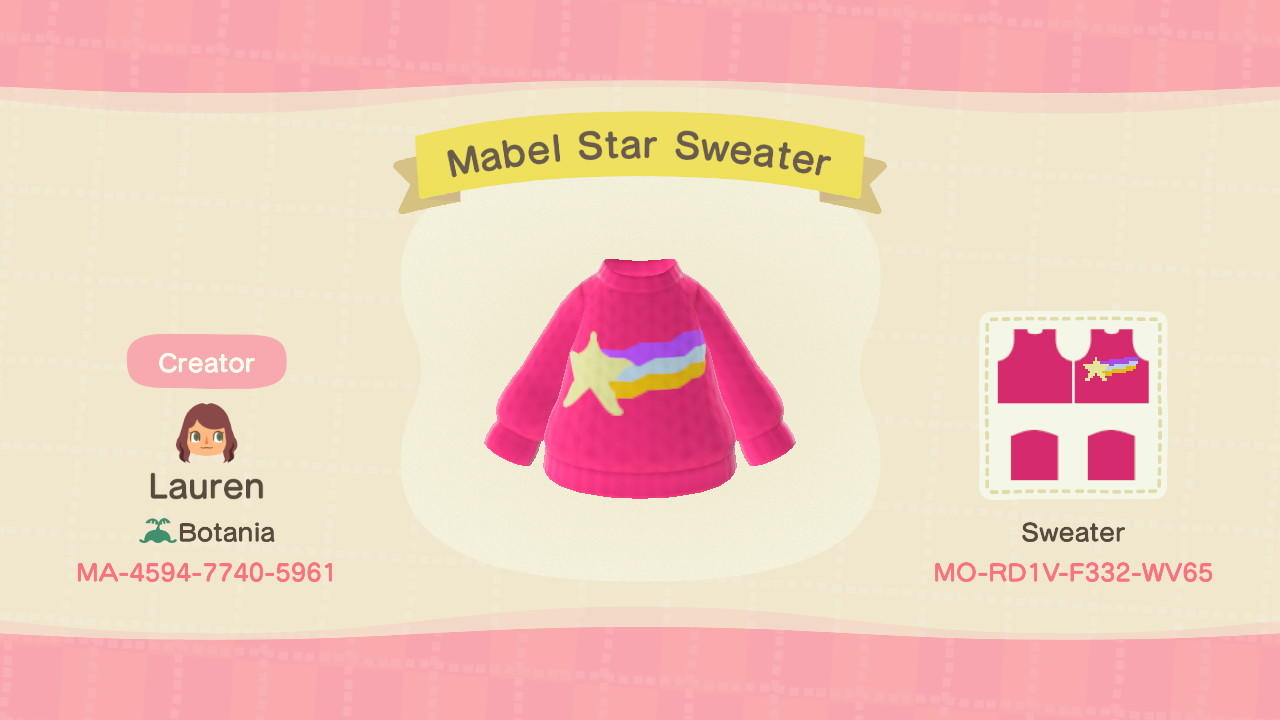 Animal Crossing Design Code: MO-TXK1-LVG4-7L5F Mabel Star Sweater