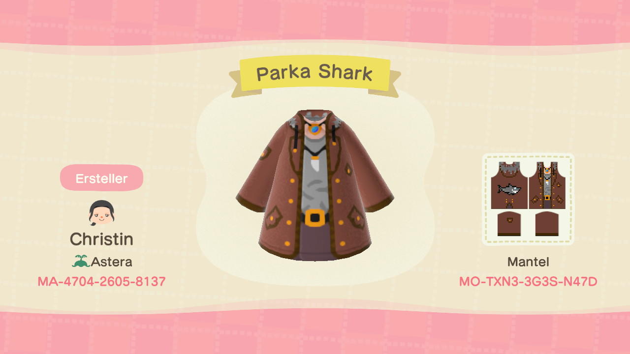 Animal Crossing Design Code: MO-TXN3-3G3S-N47D Parka - Shark